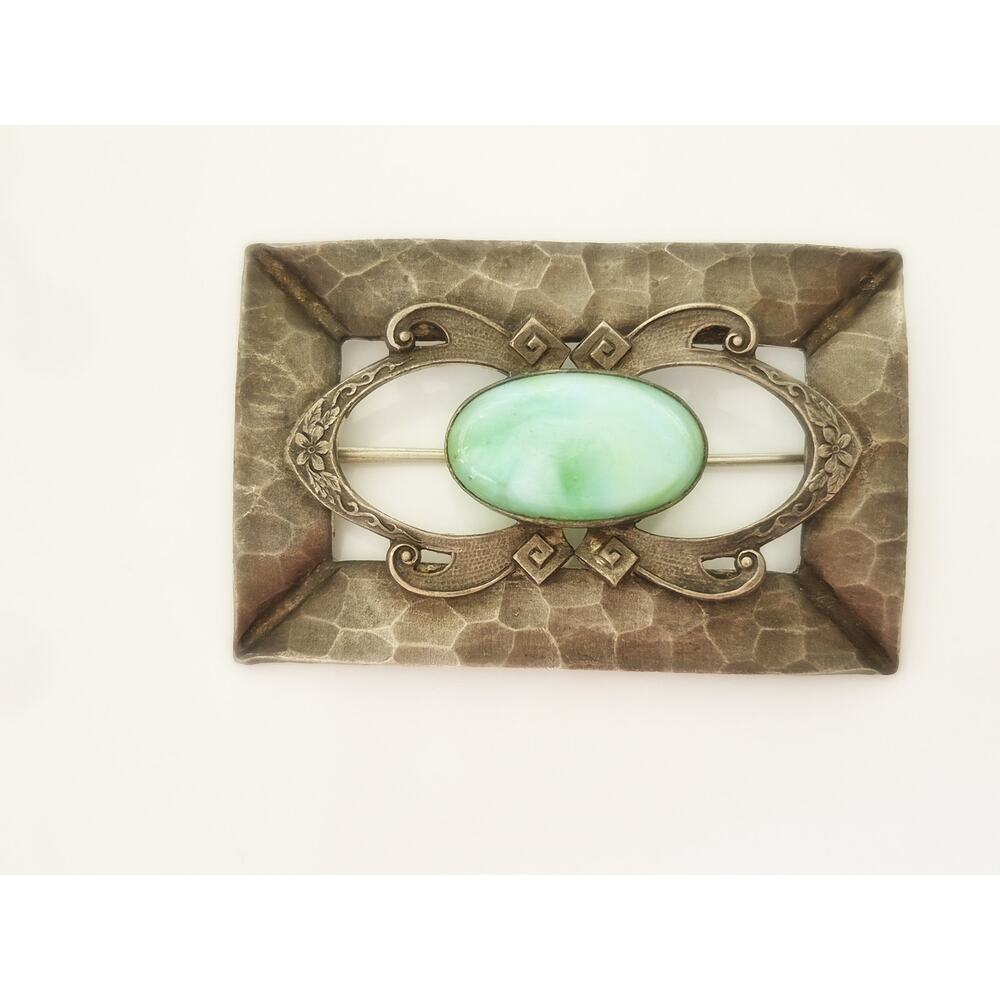 Antique Victorian Peking Green Glass Art Nouveau C-Clasp Brooch